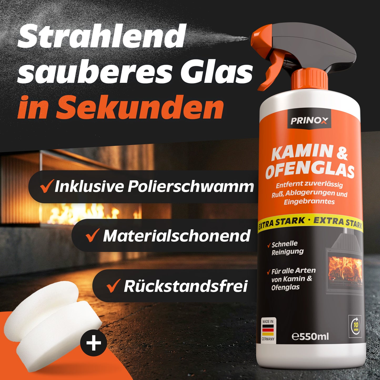 1x Kaminscheibenreiniger 550ml + 1x Schwamm