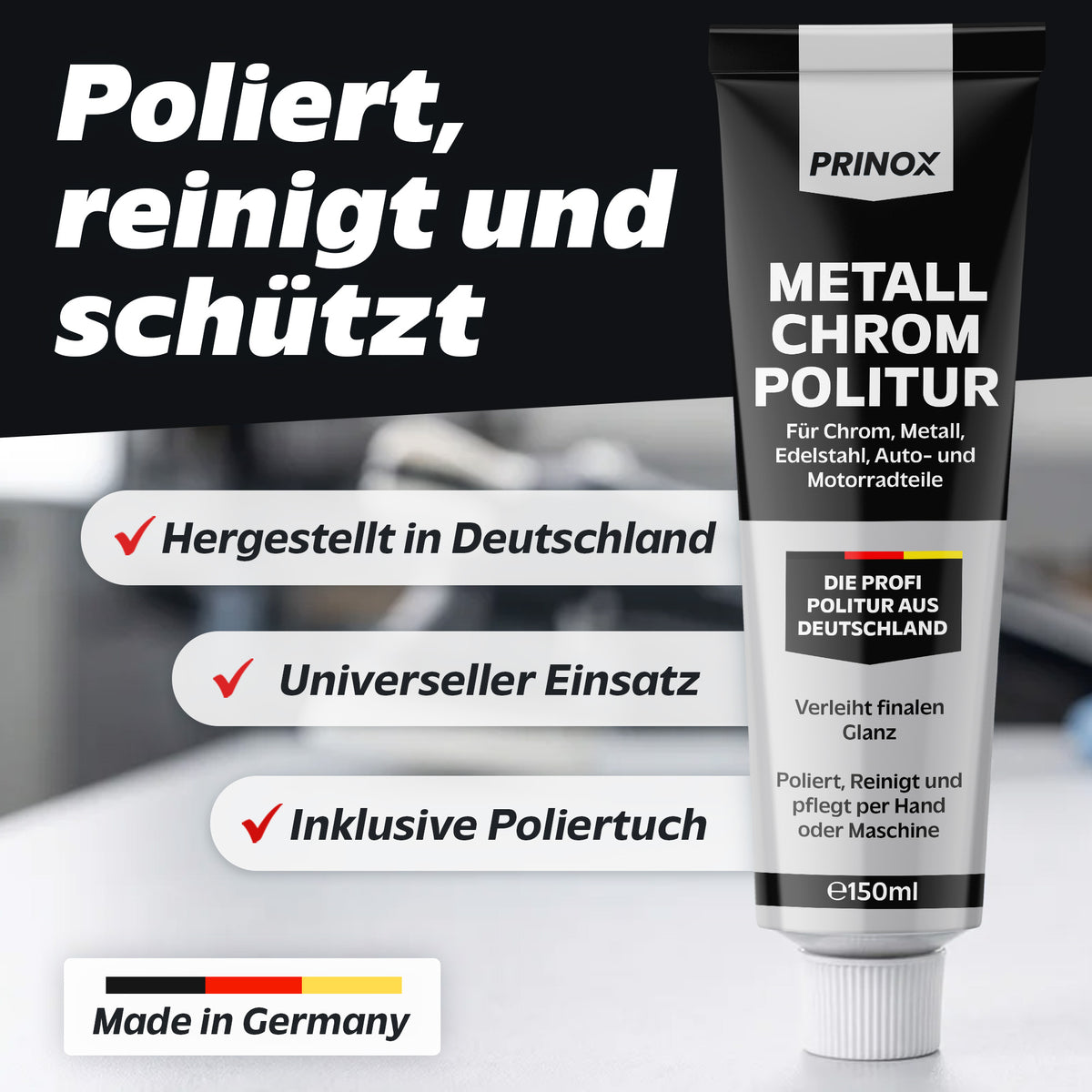 1x Metall Chrom Politur 150ml + 1x Tuch