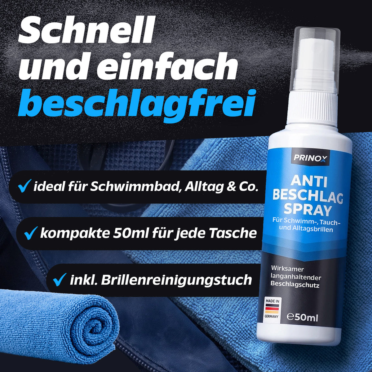 Anti Beschlag Spray 50ml, Tuch (blau)