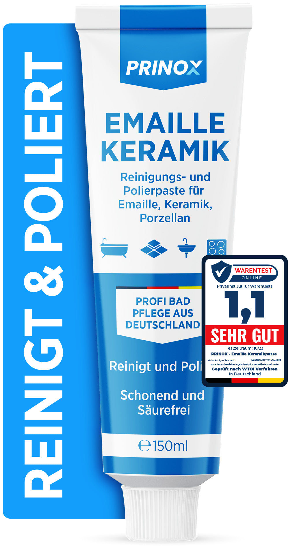 PRINOX 150ml Reinigungs und Polierpaste für Emaille, Keramik, Porzellan, Glaskeramik, Mineralguss - Professionelle Badpflege zu Reinigung und Pflege von Armaturen - Ceranfeld Reiniger