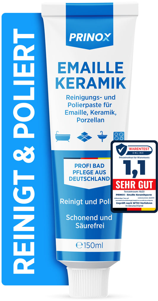 PRINOX 150ml Reinigungs und Polierpaste für Emaille, Keramik, Porzellan, Glaskeramik, Mineralguss - Professionelle Badpflege zu Reinigung und Pflege von Armaturen - Ceranfeld Reiniger